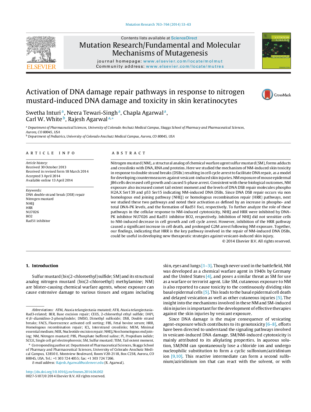 Activation of DNA damage repair pathways in response to nitrogen mustard-induced DNA damage and toxicity in skin keratinocytes