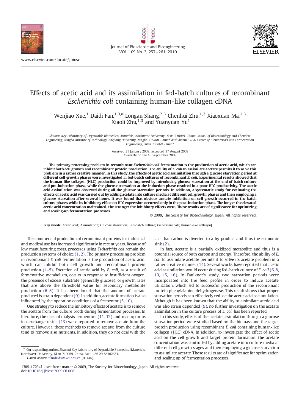 Effects of acetic acid and its assimilation in fed-batch cultures of recombinant Escherichia coli containing human-like collagen cDNA