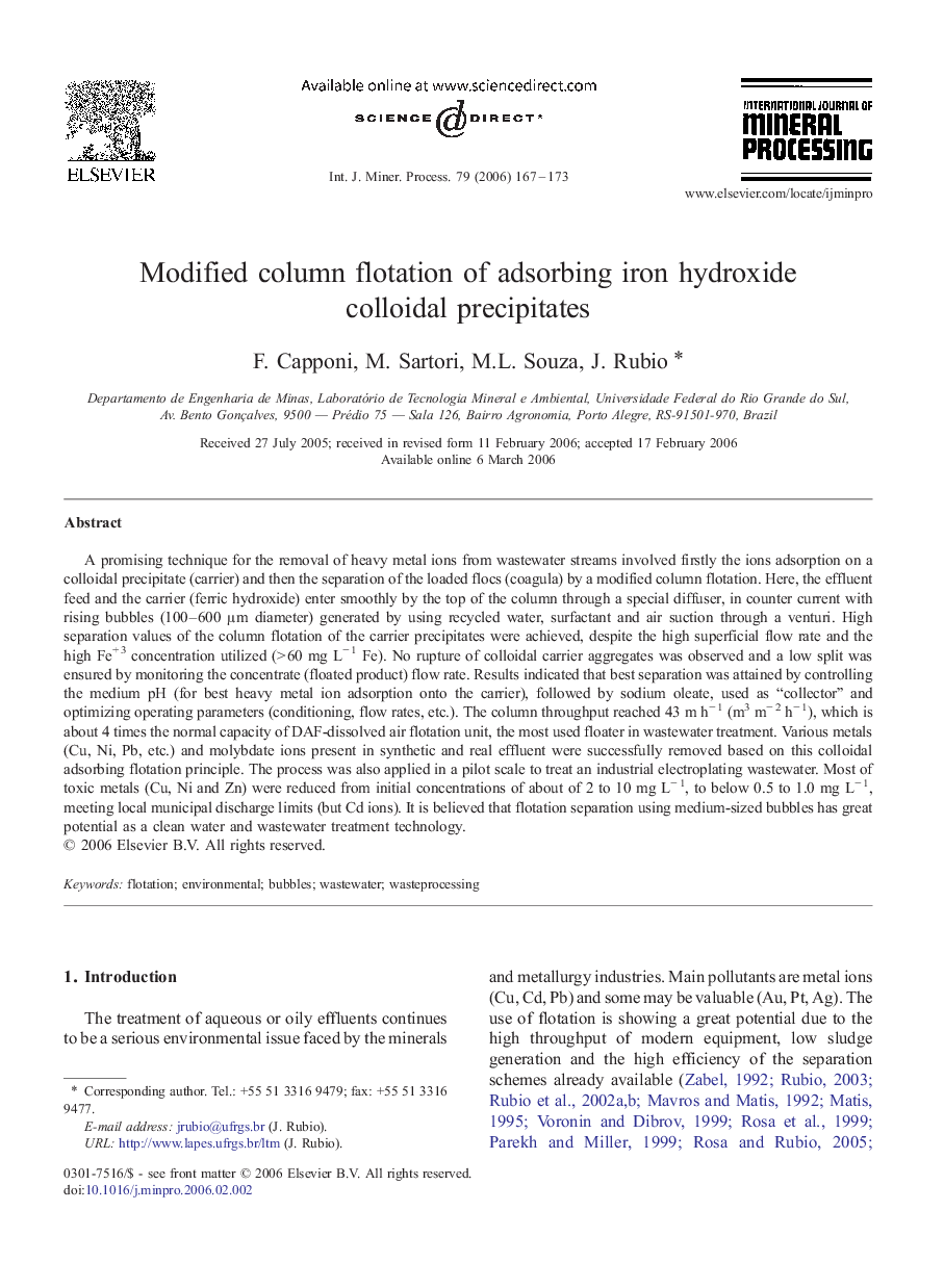 Modified column flotation of adsorbing iron hydroxide colloidal precipitates