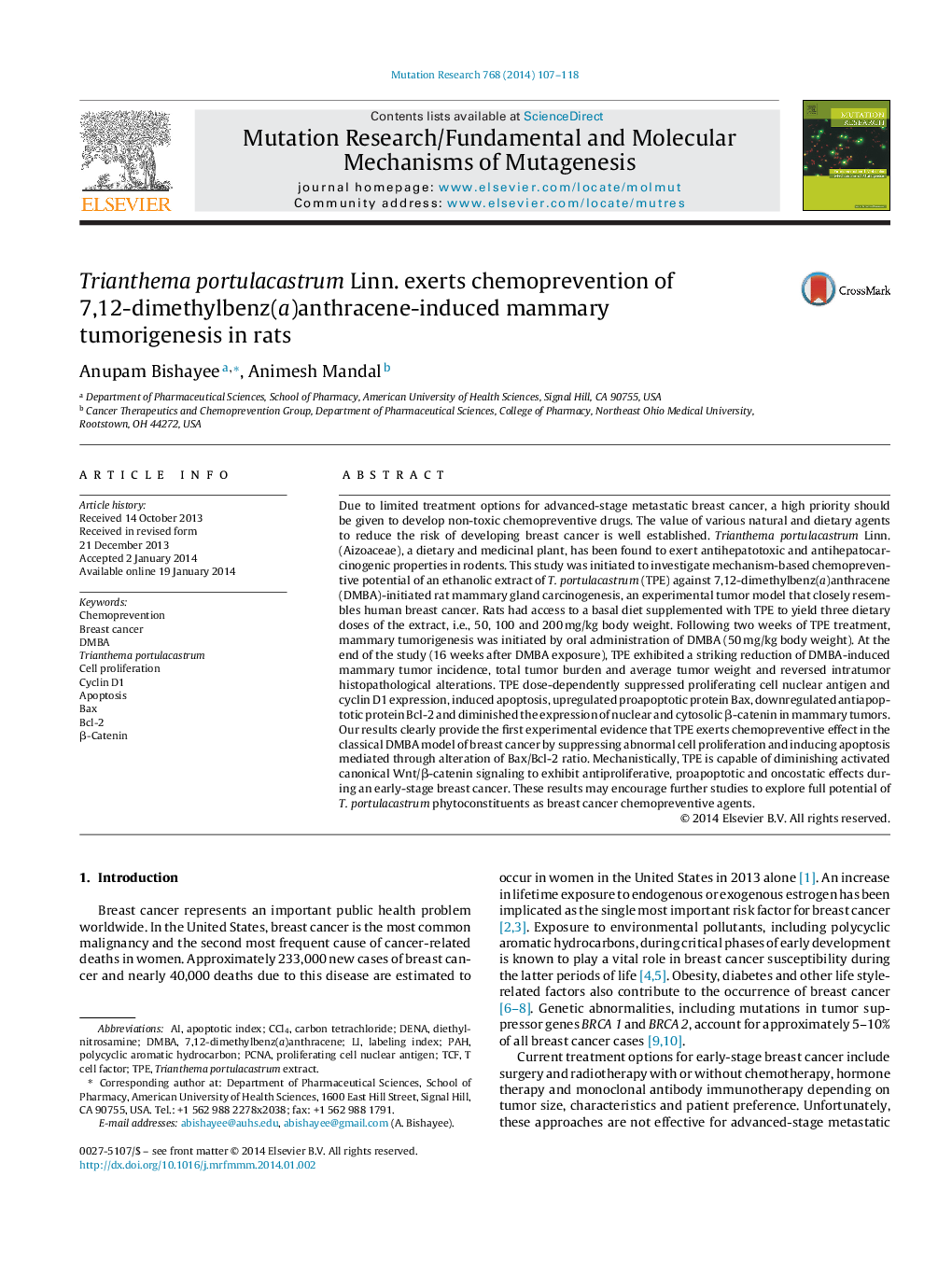 Trianthema portulacastrum Linn. exerts chemoprevention of 7,12-dimethylbenz(a)anthracene-induced mammary tumorigenesis in rats