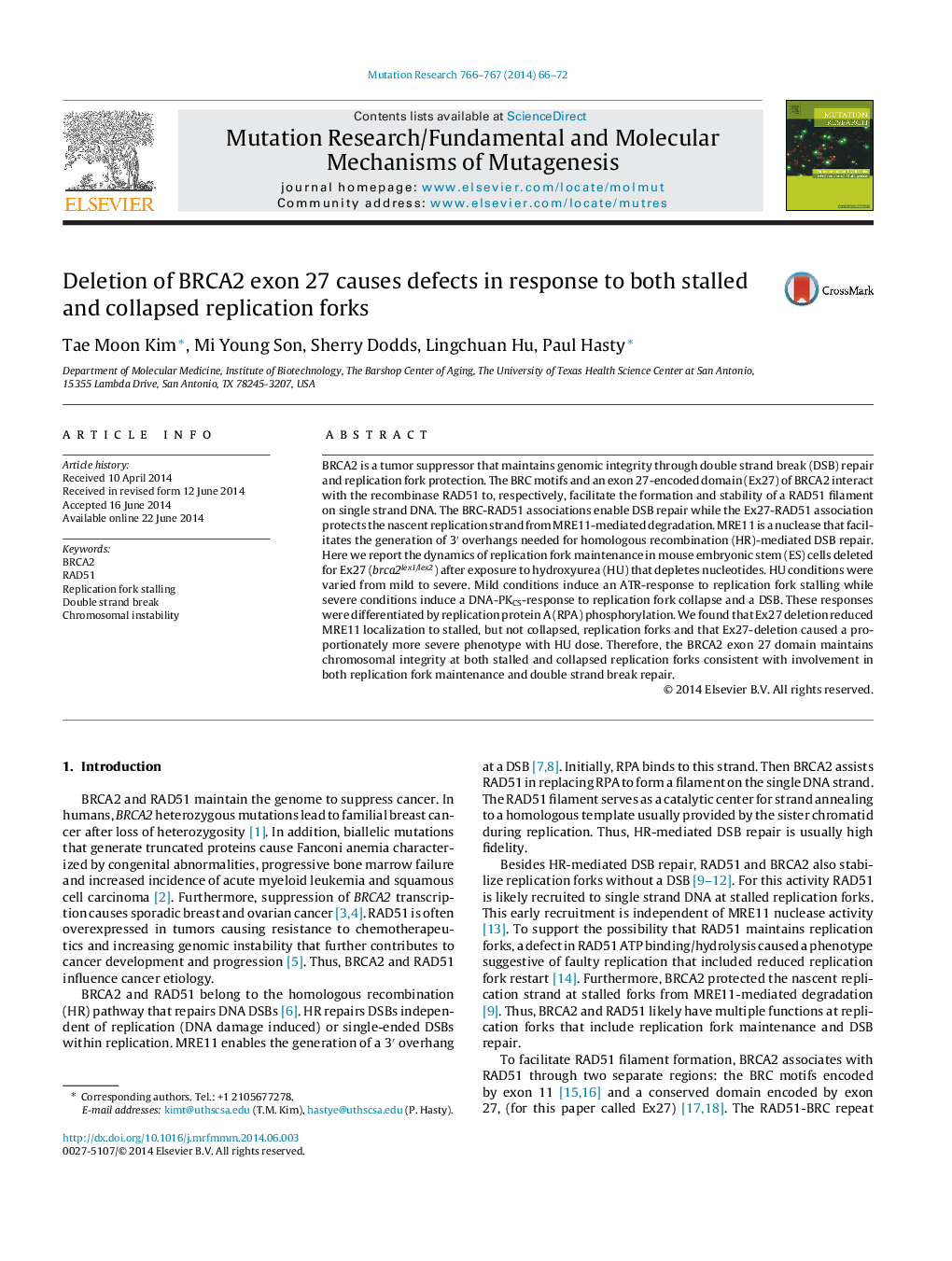 Deletion of BRCA2 exon 27 causes defects in response to both stalled and collapsed replication forks