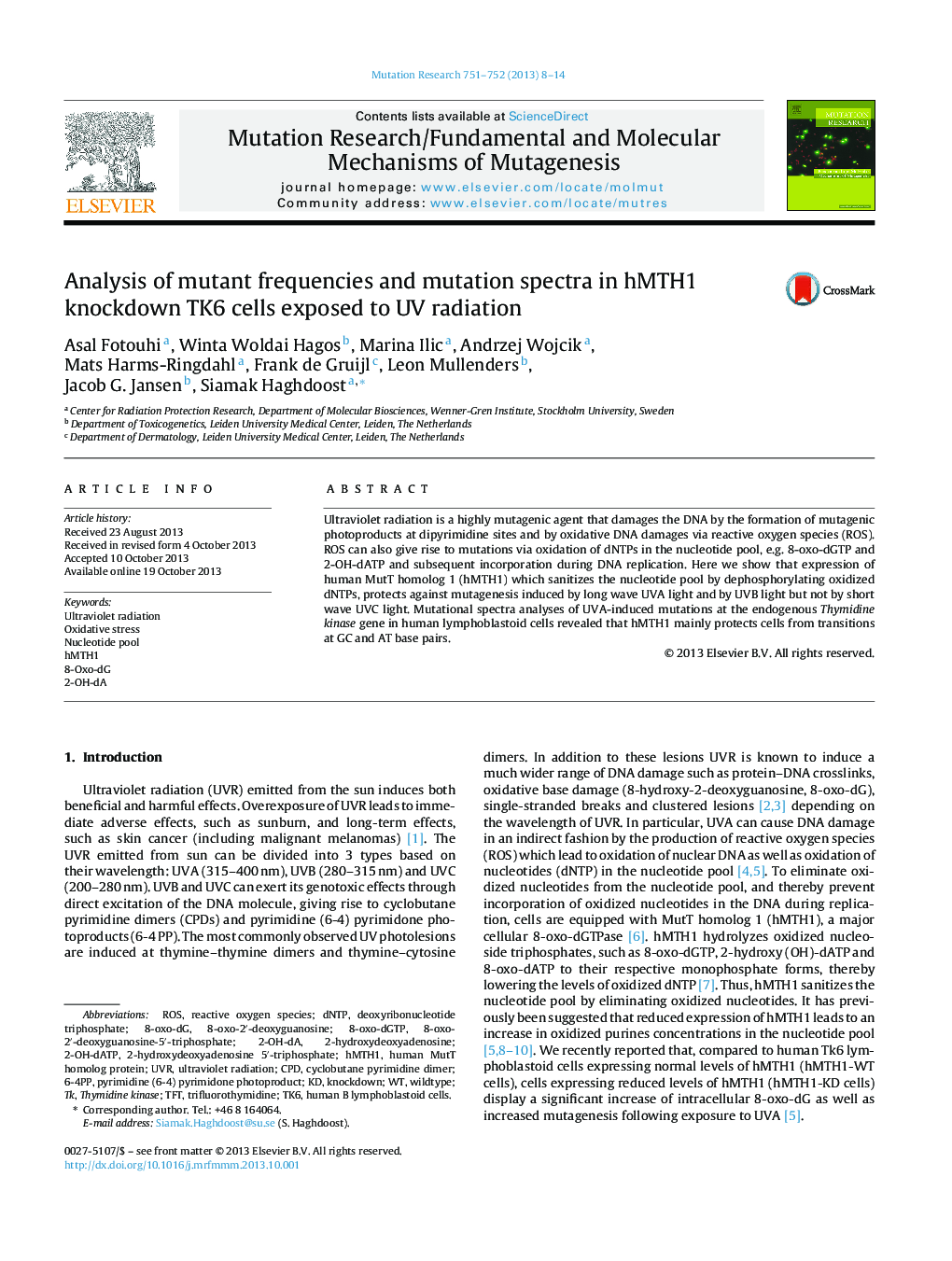 Analysis of mutant frequencies and mutation spectra in hMTH1 knockdown TK6 cells exposed to UV radiation