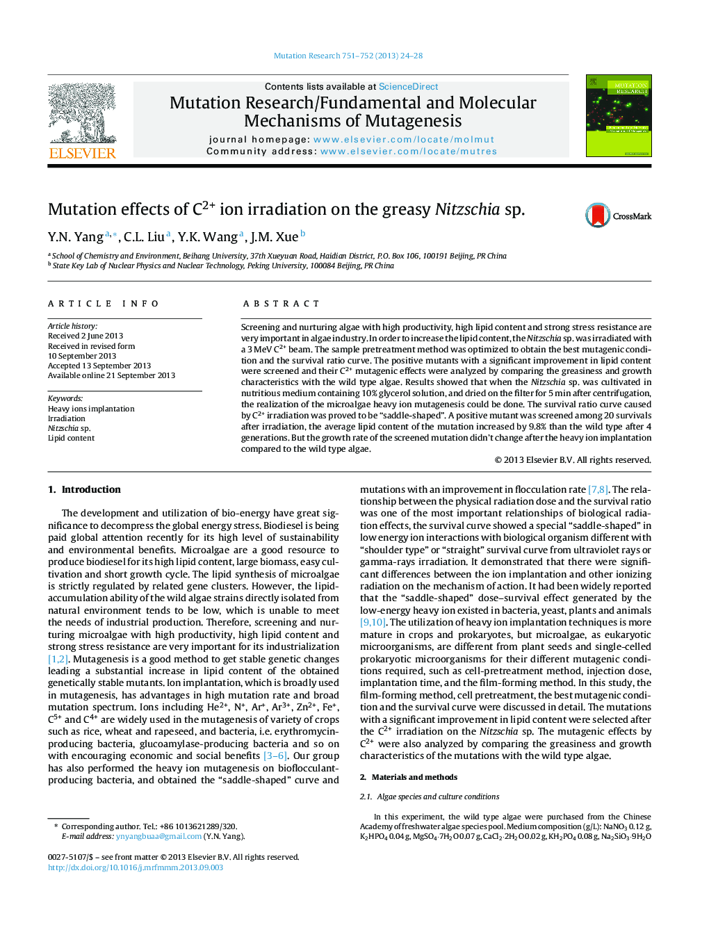 Mutation effects of C2+ ion irradiation on the greasy Nitzschia sp.