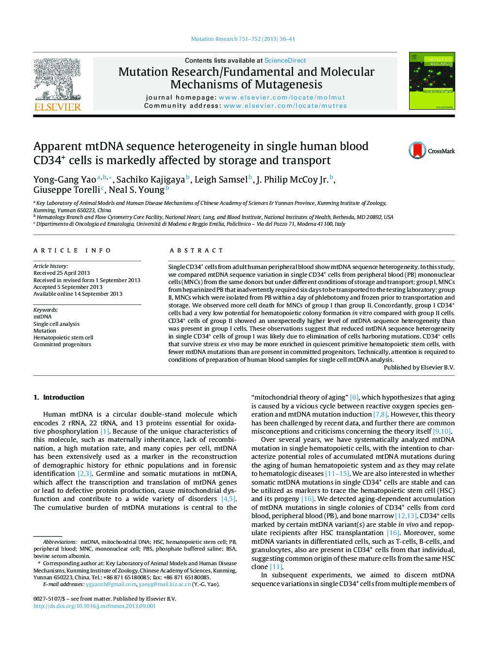 Apparent mtDNA sequence heterogeneity in single human blood CD34+ cells is markedly affected by storage and transport