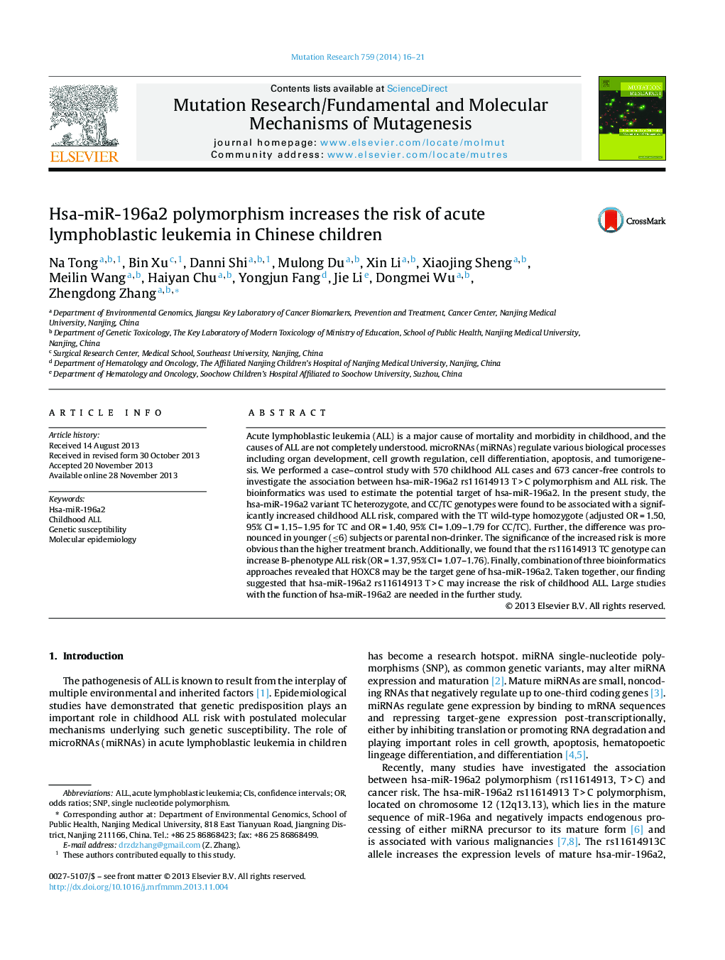 Hsa-miR-196a2 polymorphism increases the risk of acute lymphoblastic leukemia in Chinese children