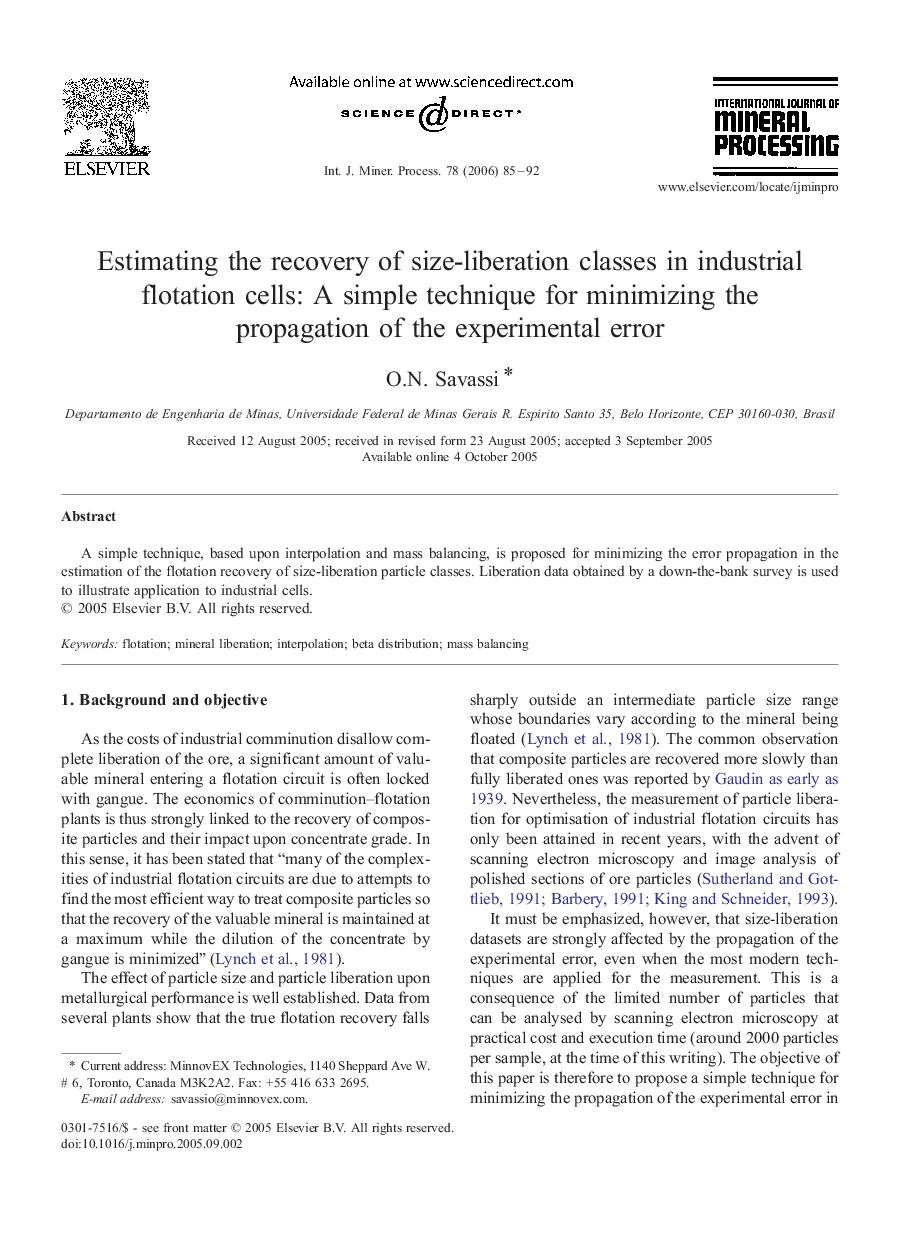 Estimating the recovery of size-liberation classes in industrial flotation cells: A simple technique for minimizing the propagation of the experimental error