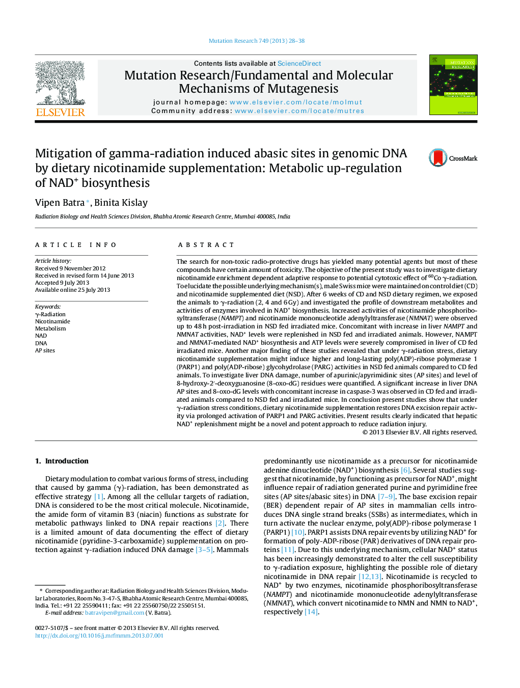 Mitigation of gamma-radiation induced abasic sites in genomic DNA by dietary nicotinamide supplementation: Metabolic up-regulation of NAD+ biosynthesis