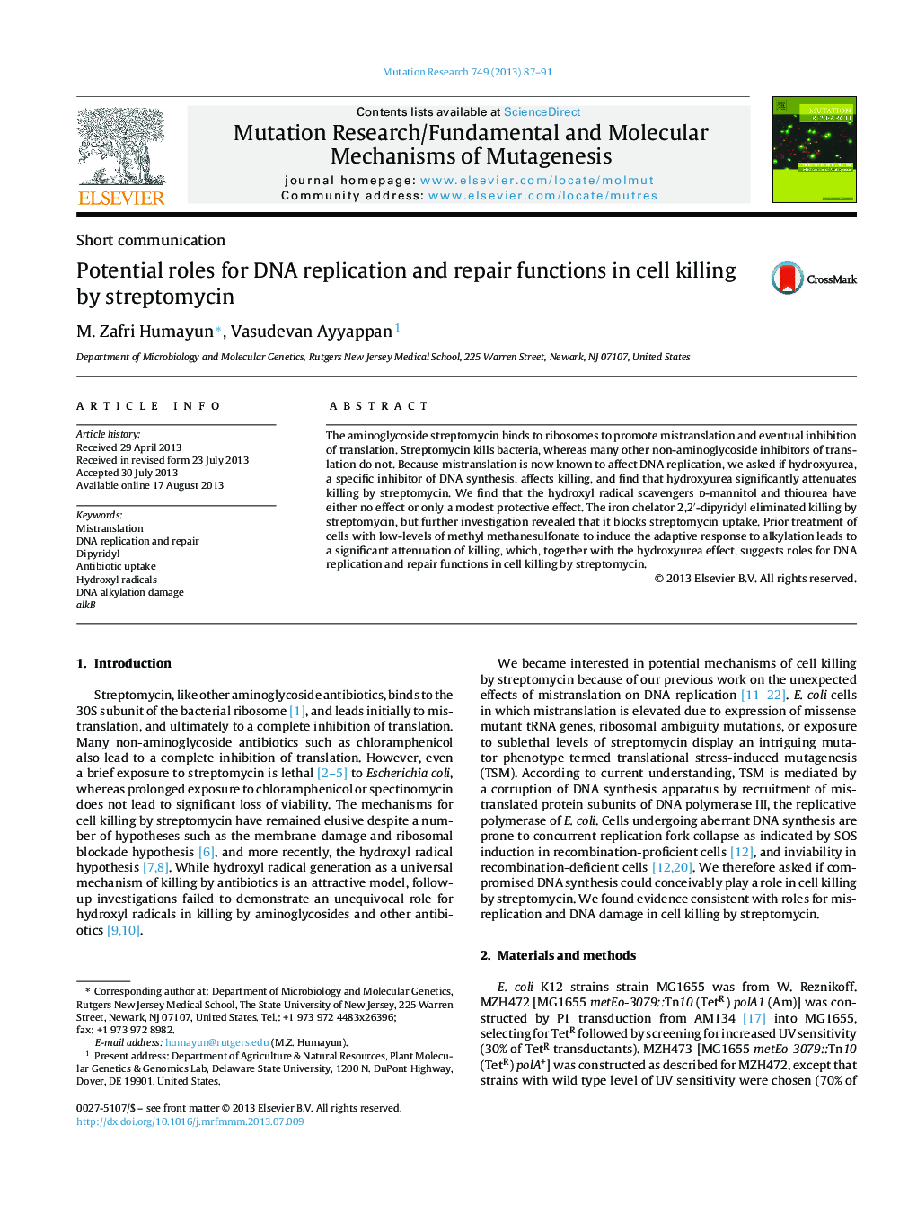 Potential roles for DNA replication and repair functions in cell killing by streptomycin