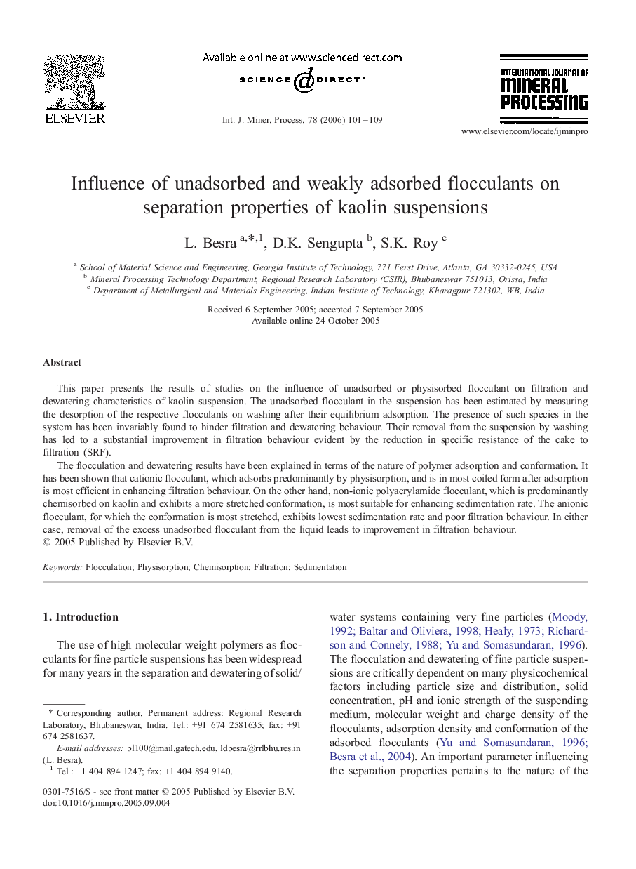 Influence of unadsorbed and weakly adsorbed flocculants on separation properties of kaolin suspensions