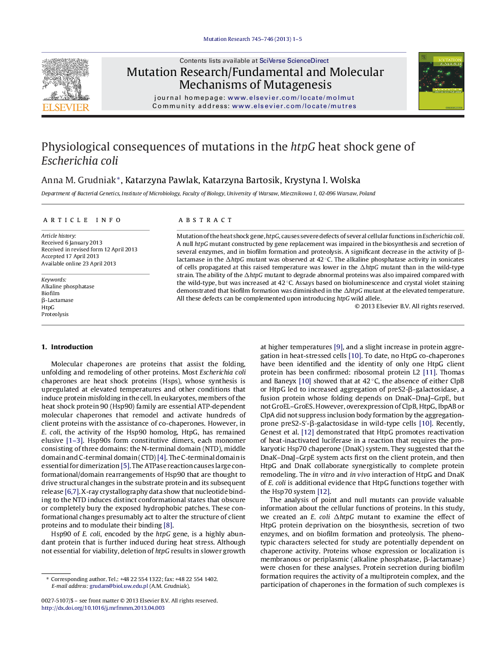 Physiological consequences of mutations in the htpG heat shock gene of Escherichia coli