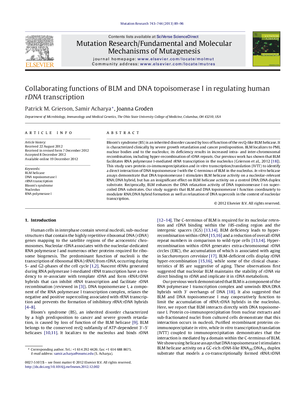 Collaborating functions of BLM and DNA topoisomerase I in regulating human rDNA transcription