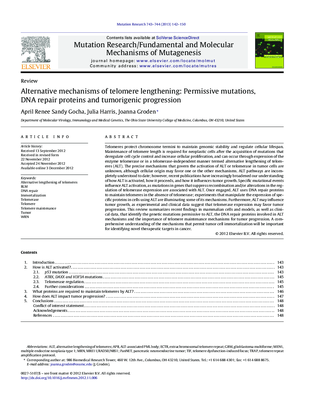 Alternative mechanisms of telomere lengthening: Permissive mutations, DNA repair proteins and tumorigenic progression