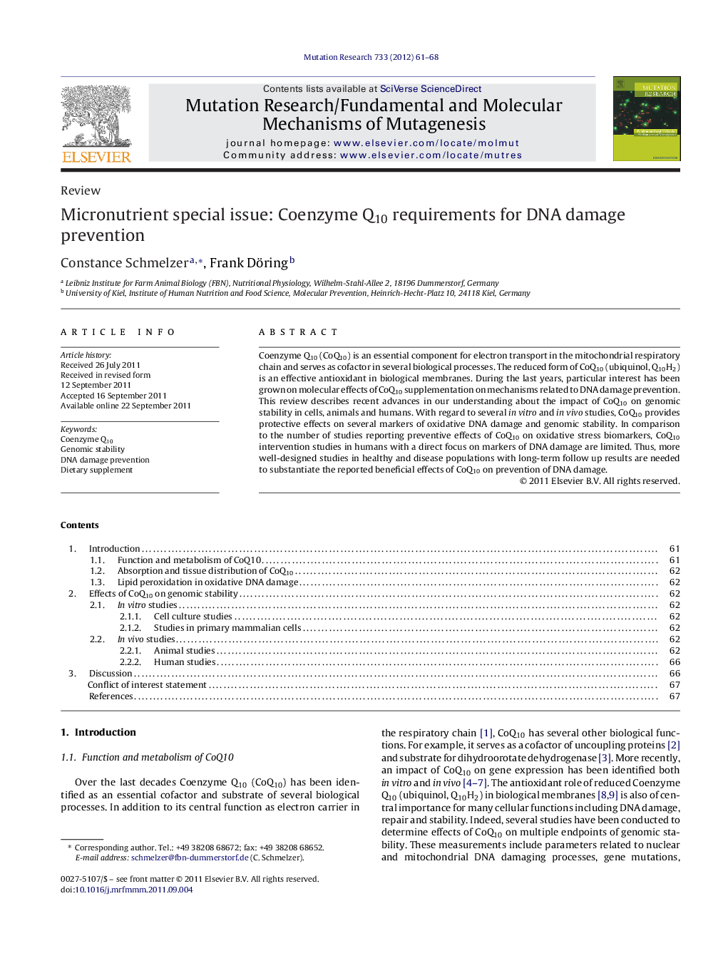 Micronutrient special issue: Coenzyme Q10 requirements for DNA damage prevention