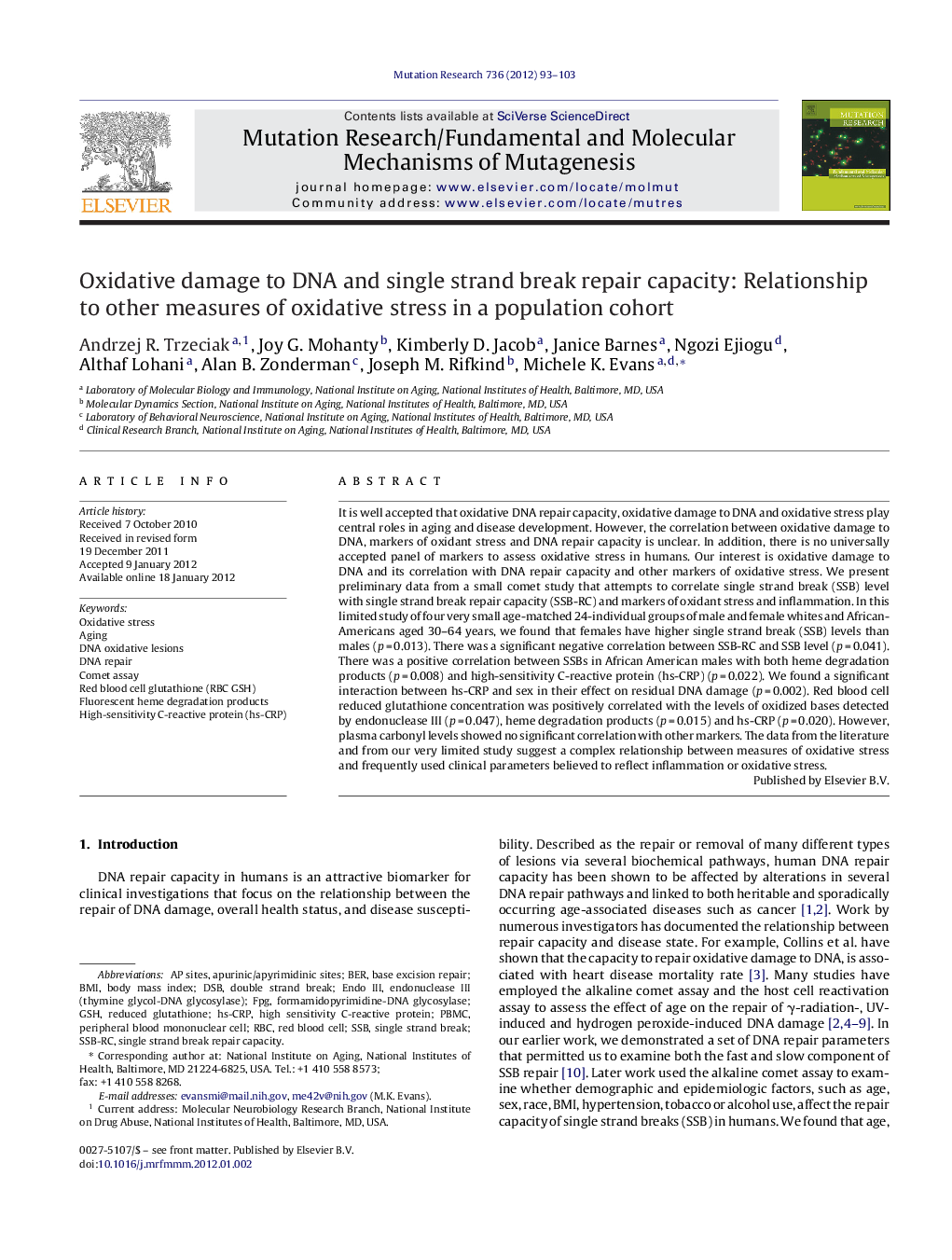 Oxidative damage to DNA and single strand break repair capacity: Relationship to other measures of oxidative stress in a population cohort