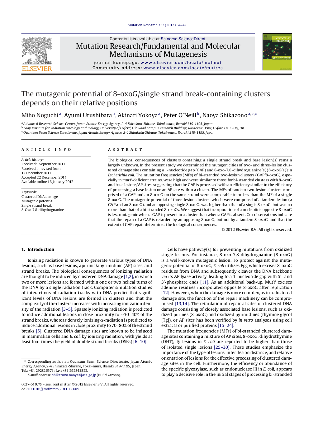 عکس صفحه اول مقاله: The mutagenic potential of 8-oxoG/single strand break-containing clusters depends on their relative positions The mutagenic potential of 8-oxoG/single strand break-containing clusters depends on their relative positions