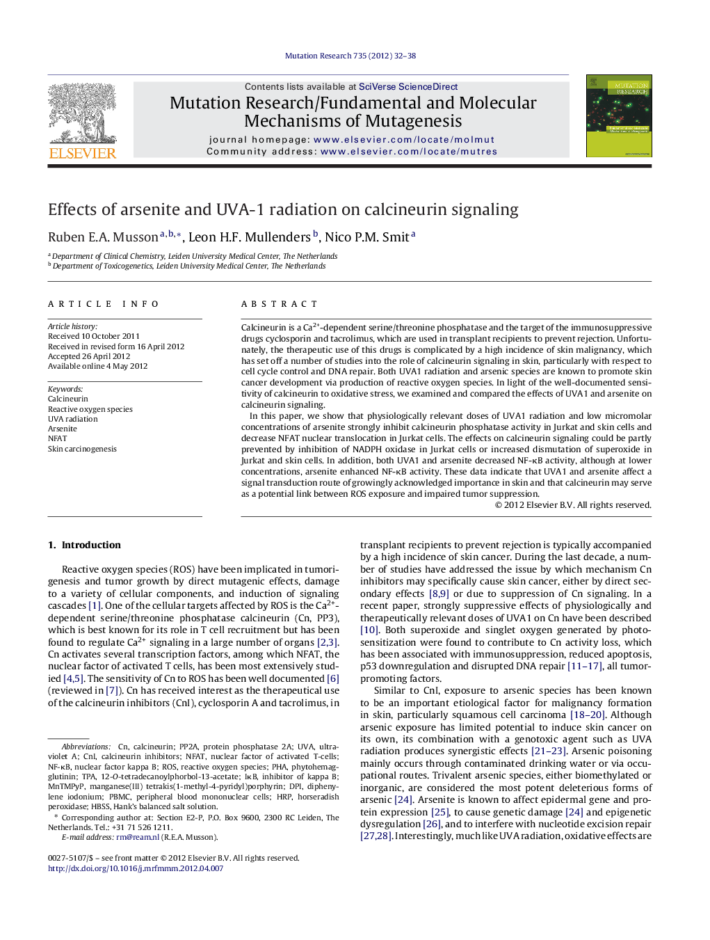 Effects of arsenite and UVA-1 radiation on calcineurin signaling