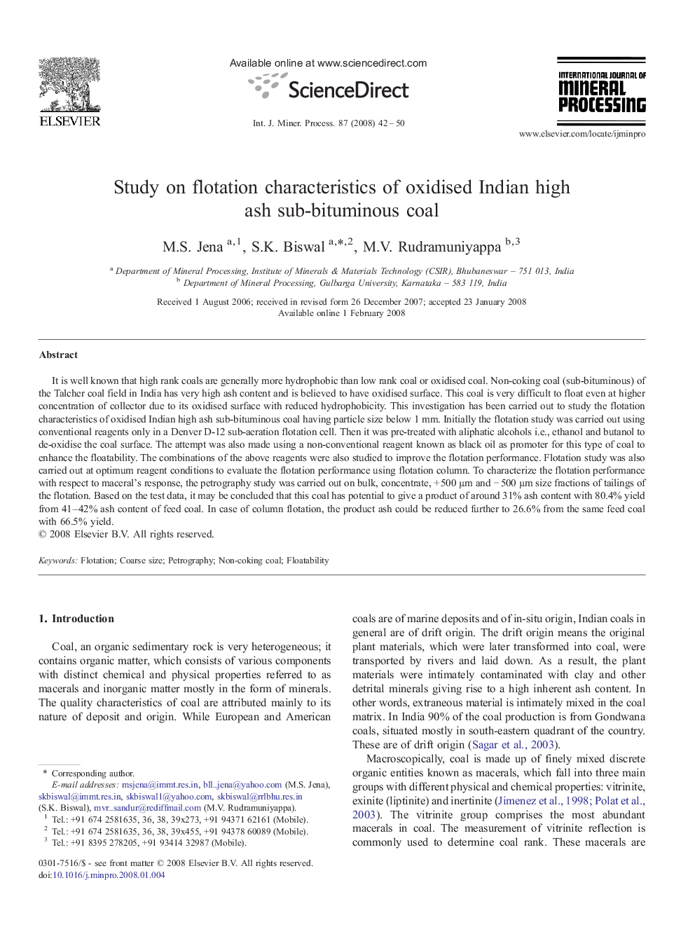 Study on flotation characteristics of oxidised Indian high ash sub-bituminous coal