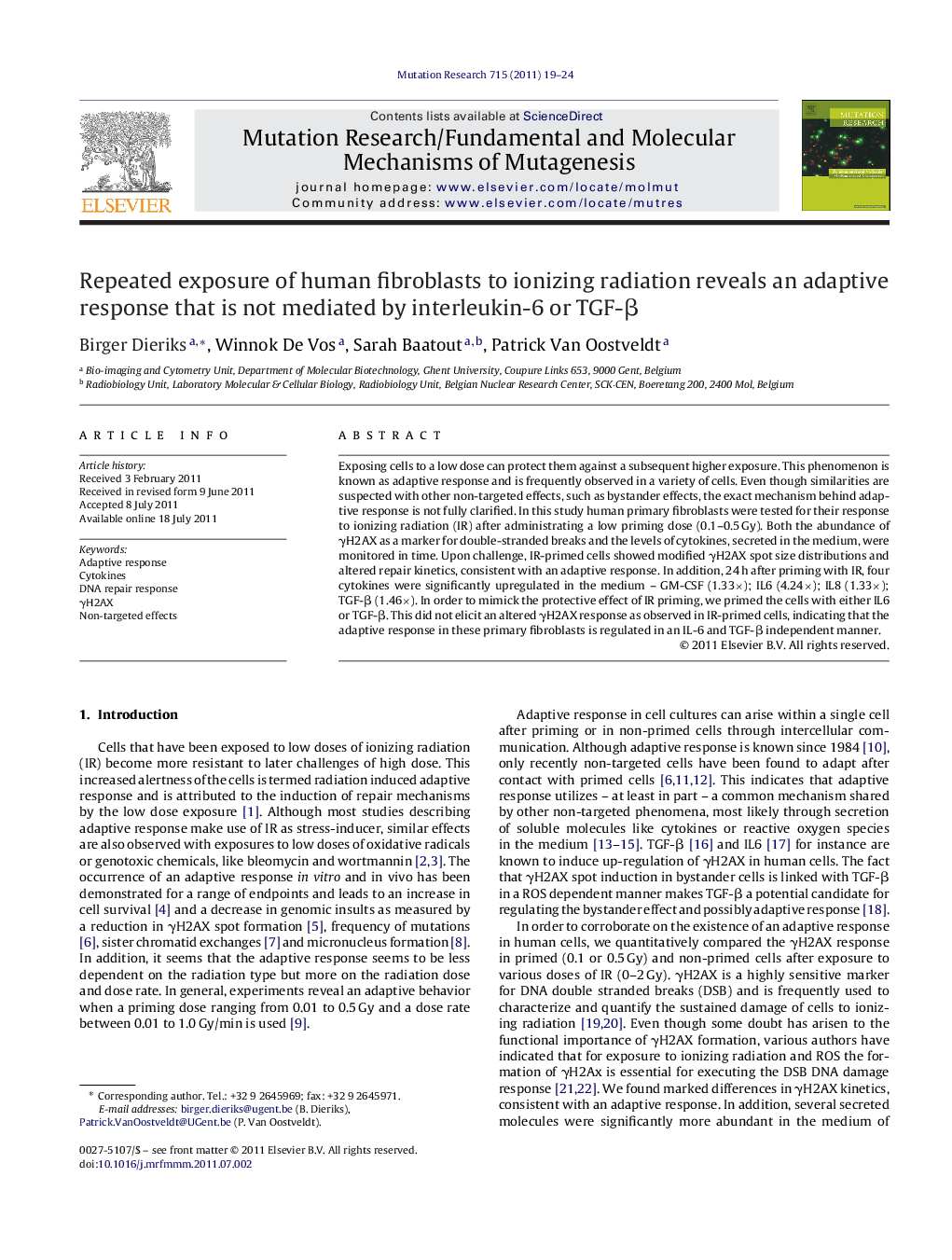 Repeated exposure of human fibroblasts to ionizing radiation reveals an adaptive response that is not mediated by interleukin-6 or TGF-Î²