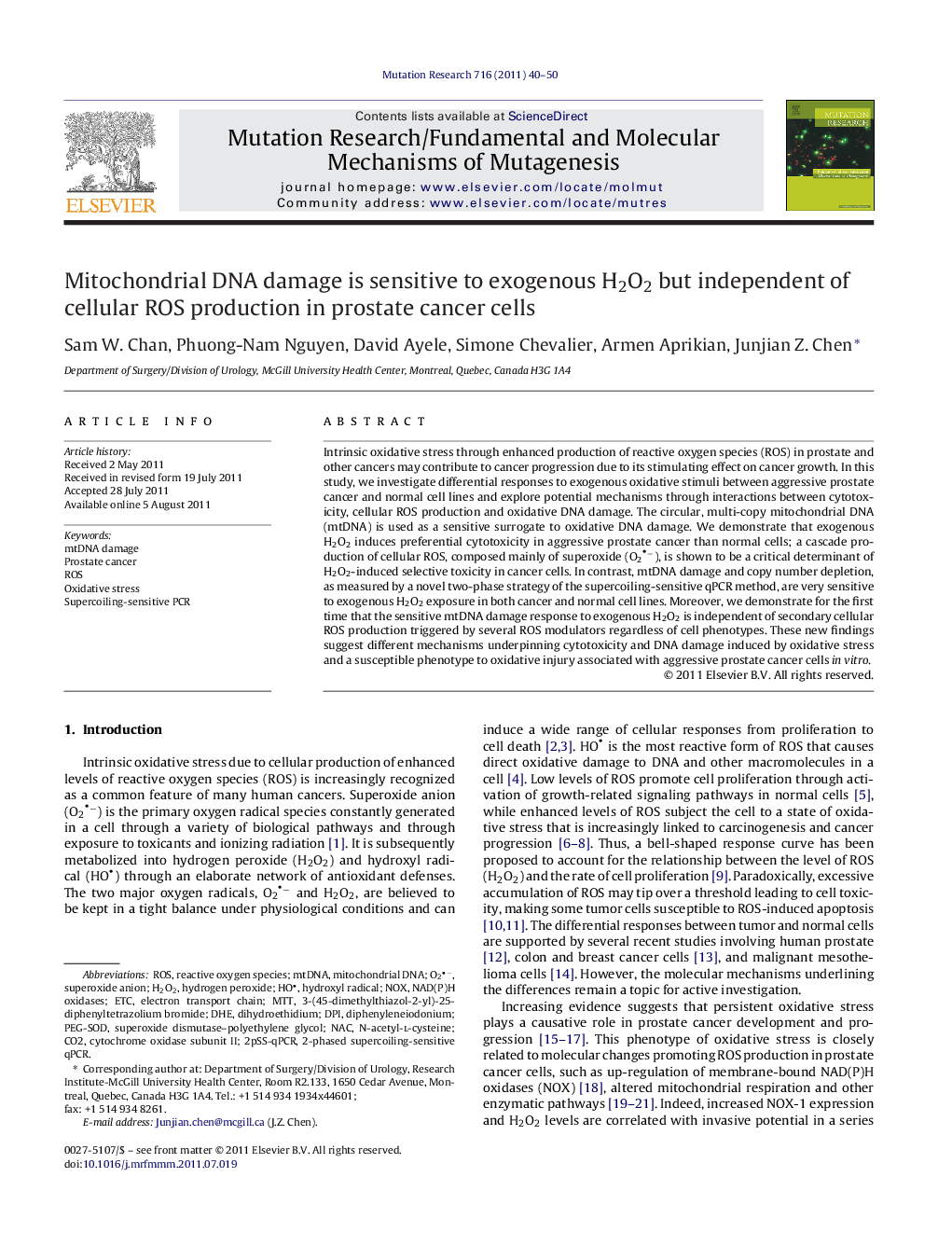 Mitochondrial DNA damage is sensitive to exogenous H2O2 but independent of cellular ROS production in prostate cancer cells