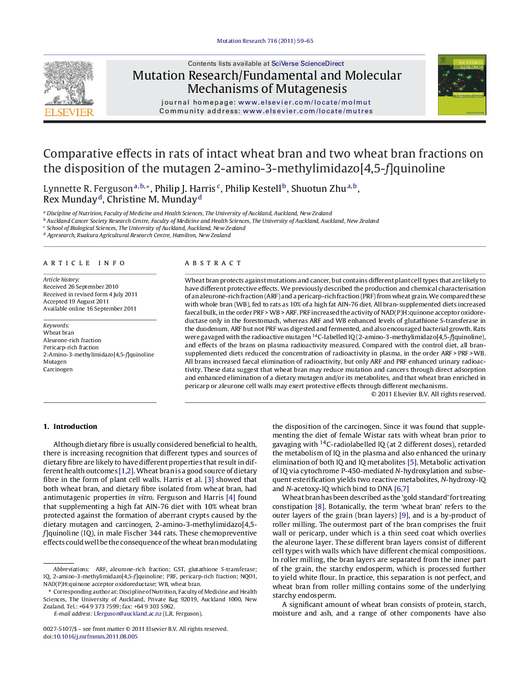 Comparative effects in rats of intact wheat bran and two wheat bran fractions on the disposition of the mutagen 2-amino-3-methylimidazo[4,5-f]quinoline