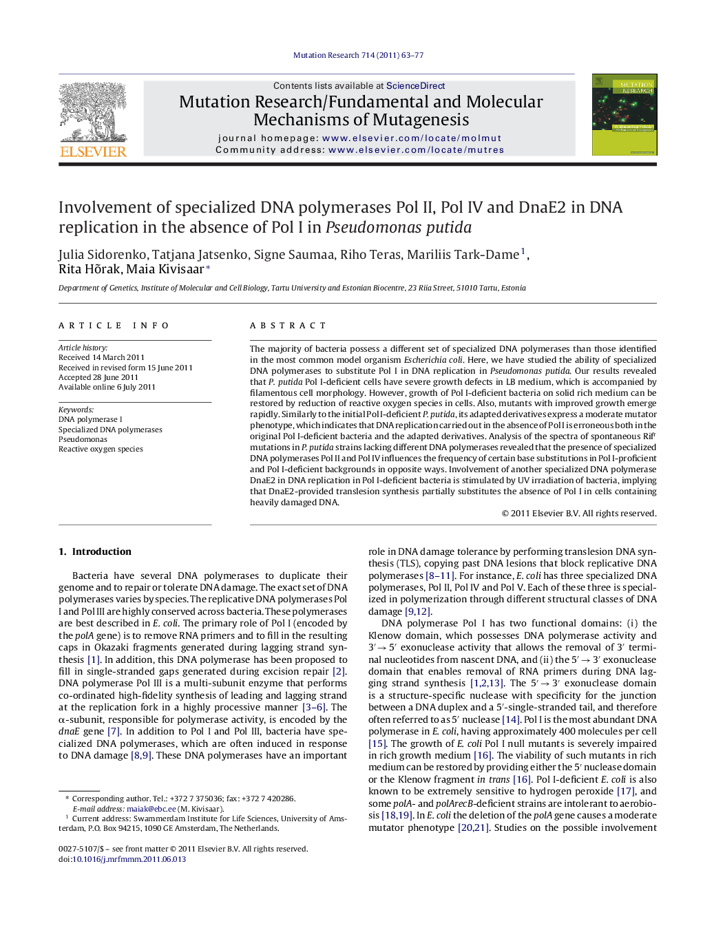 Involvement of specialized DNA polymerases Pol II, Pol IV and DnaE2 in DNA replication in the absence of Pol I in Pseudomonas putida