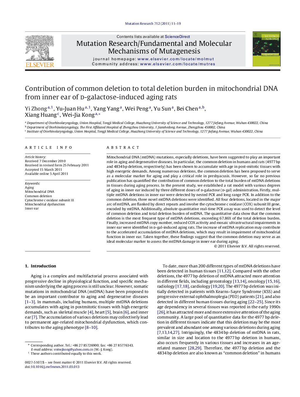 Contribution of common deletion to total deletion burden in mitochondrial DNA from inner ear of d-galactose-induced aging rats