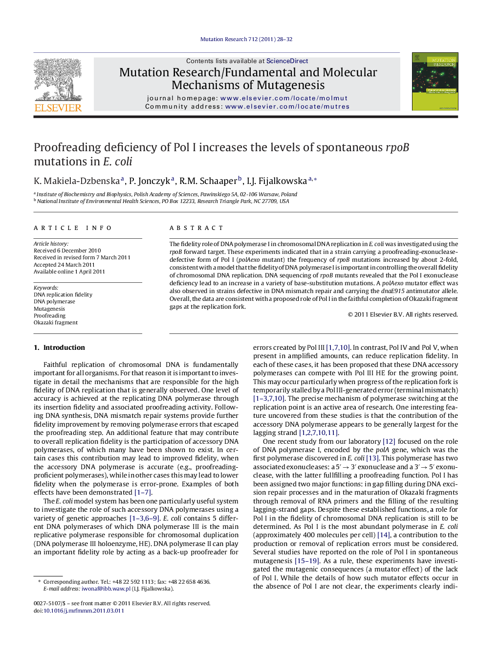 Proofreading deficiency of Pol I increases the levels of spontaneous rpoB mutations in E. coli