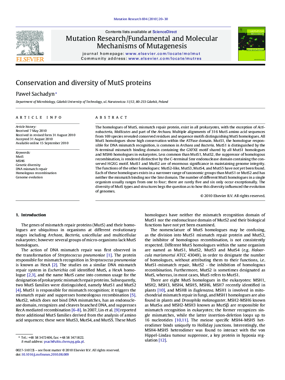 Conservation and diversity of MutS proteins