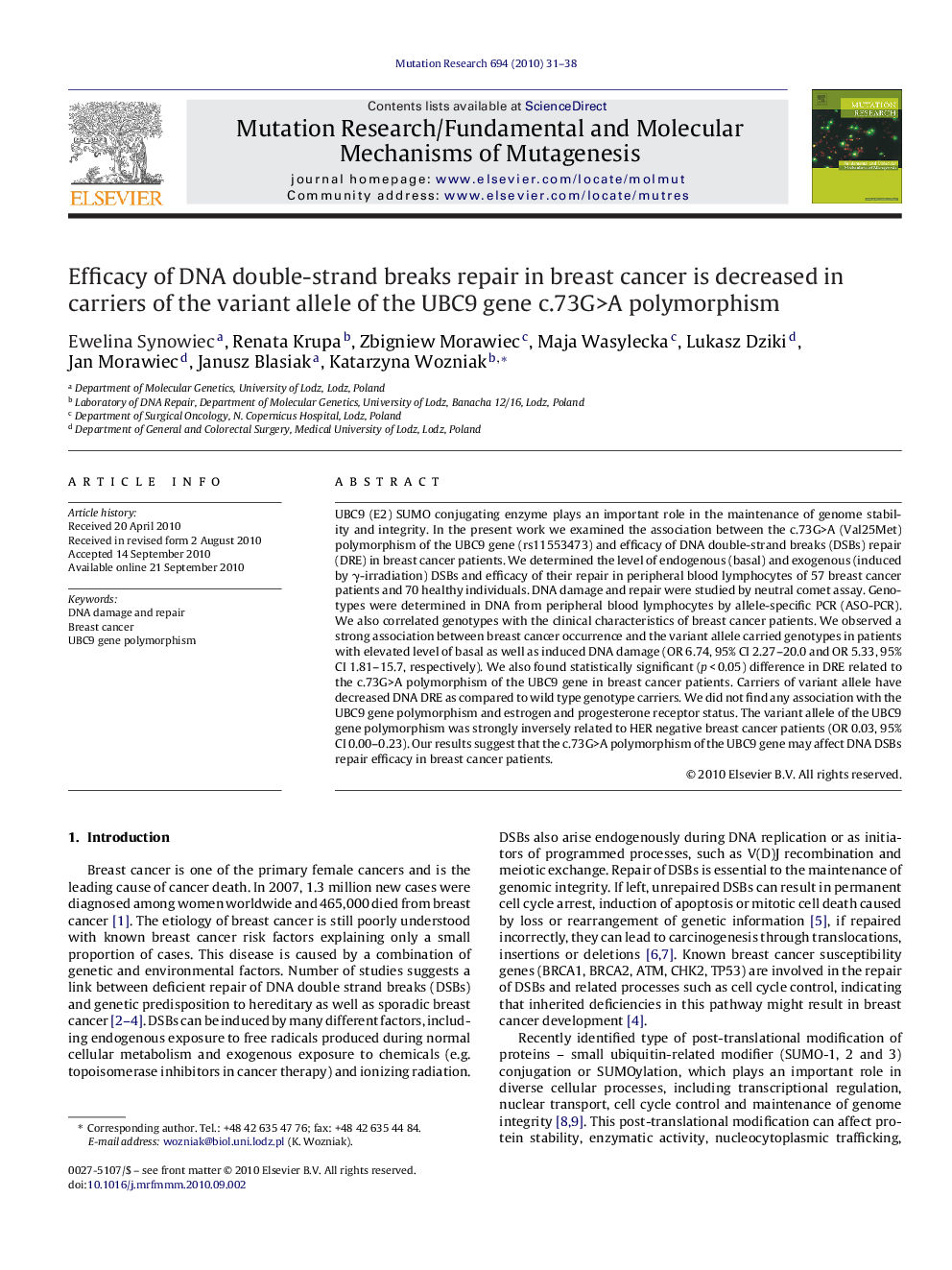 Efficacy of DNA double-strand breaks repair in breast cancer is decreased in carriers of the variant allele of the UBC9 gene c.73G>A polymorphism