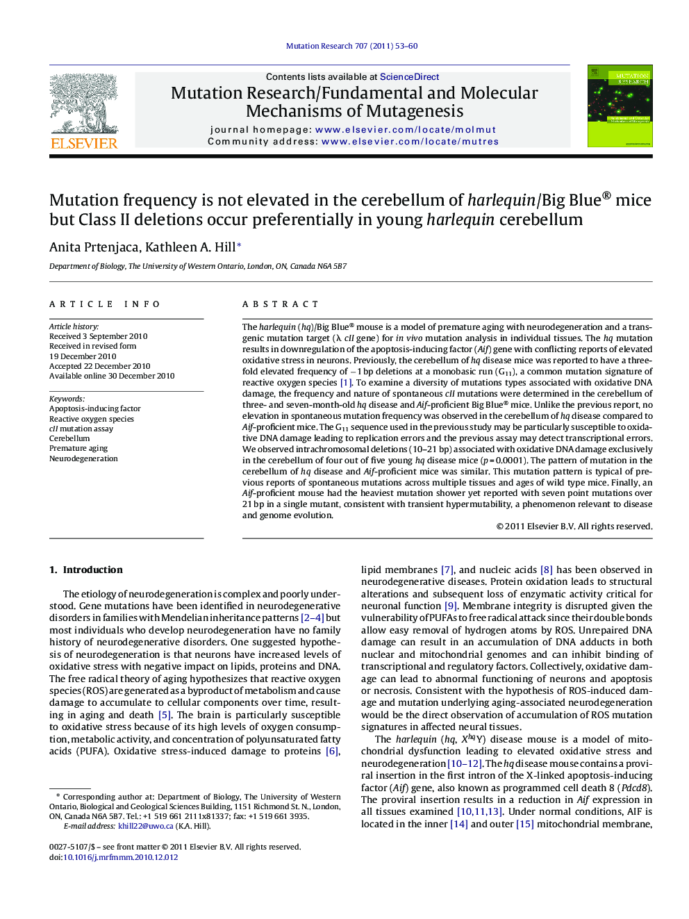 Mutation frequency is not elevated in the cerebellum of harlequin/Big Blue® mice but Class II deletions occur preferentially in young harlequin cerebellum