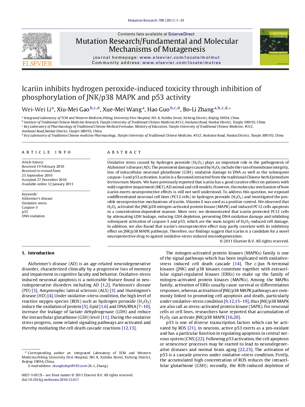 Icariin inhibits hydrogen peroxide-induced toxicity through inhibition of phosphorylation of JNK/p38 MAPK and p53 activity