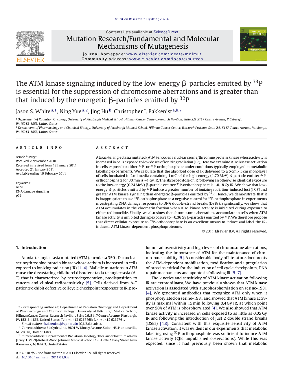 The ATM kinase signaling induced by the low-energy β-particles emitted by 33P is essential for the suppression of chromosome aberrations and is greater than that induced by the energetic β-particles emitted by 32P