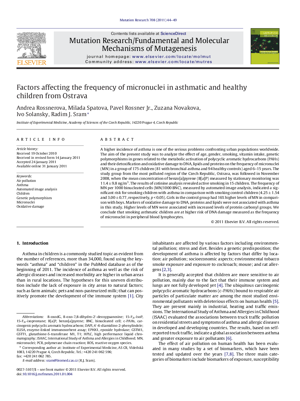 Factors affecting the frequency of micronuclei in asthmatic and healthy children from Ostrava