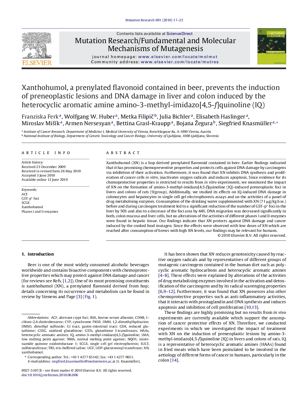 Xanthohumol, a prenylated flavonoid contained in beer, prevents the induction of preneoplastic lesions and DNA damage in liver and colon induced by the heterocyclic aromatic amine amino-3-methyl-imidazo[4,5-f]quinoline (IQ)