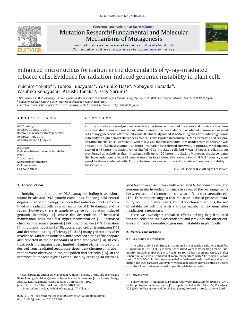 Enhanced micronucleus formation in the descendants of γ-ray-irradiated tobacco cells: Evidence for radiation-induced genomic instability in plant cells