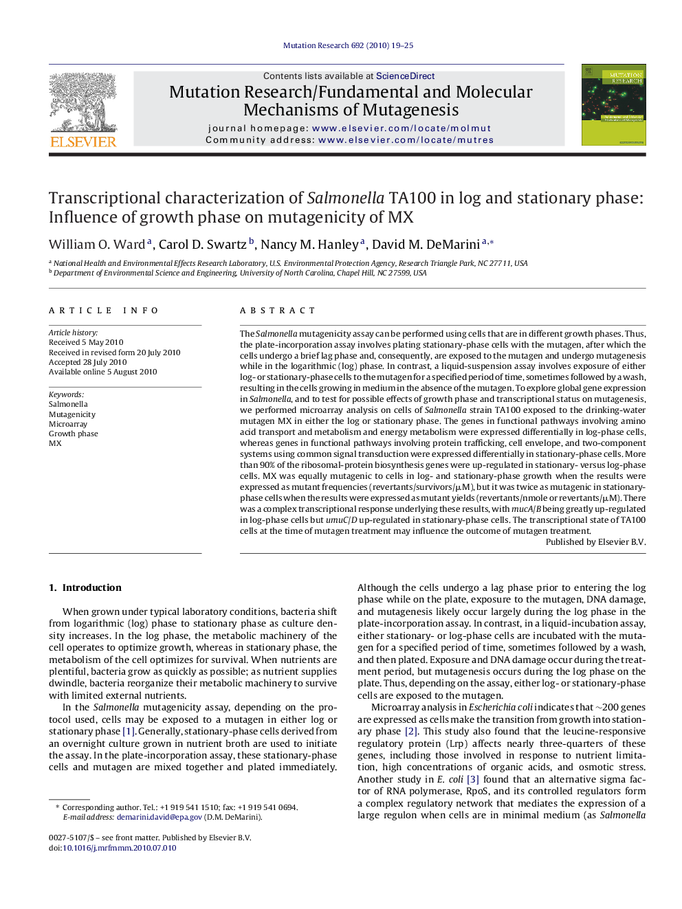 Transcriptional characterization of Salmonella TA100 in log and stationary phase: Influence of growth phase on mutagenicity of MX