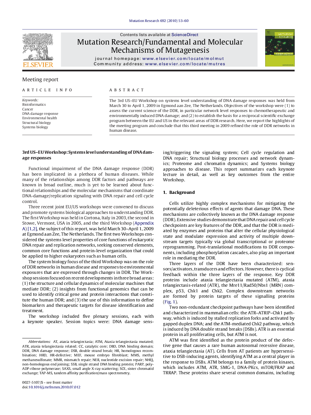 3rd US–EU Workshop: Systems level understanding of DNA damage responses