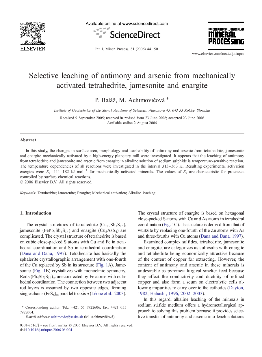 Selective leaching of antimony and arsenic from mechanically activated tetrahedrite, jamesonite and enargite