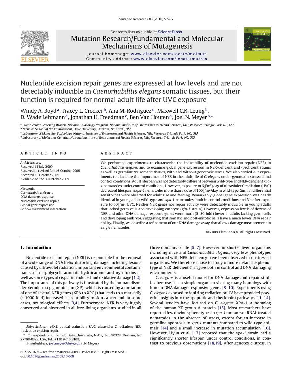 Nucleotide excision repair genes are expressed at low levels and are not detectably inducible in Caenorhabditis elegans somatic tissues, but their function is required for normal adult life after UVC exposure