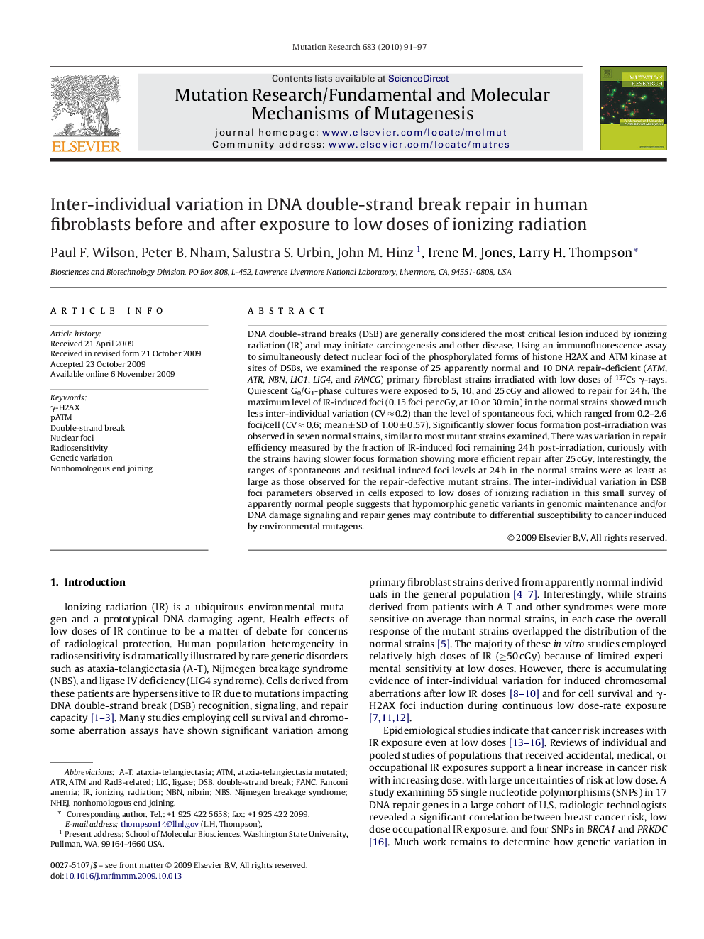 Inter-individual variation in DNA double-strand break repair in human fibroblasts before and after exposure to low doses of ionizing radiation