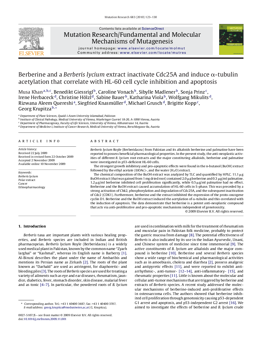 Berberine and a Berberis lycium extract inactivate Cdc25A and induce α-tubulin acetylation that correlate with HL-60 cell cycle inhibition and apoptosis