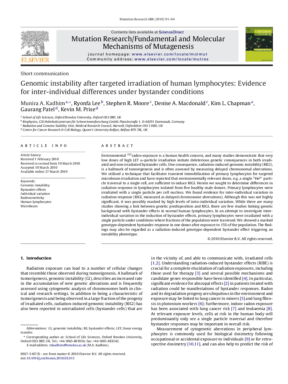 Genomic instability after targeted irradiation of human lymphocytes: Evidence for inter-individual differences under bystander conditions