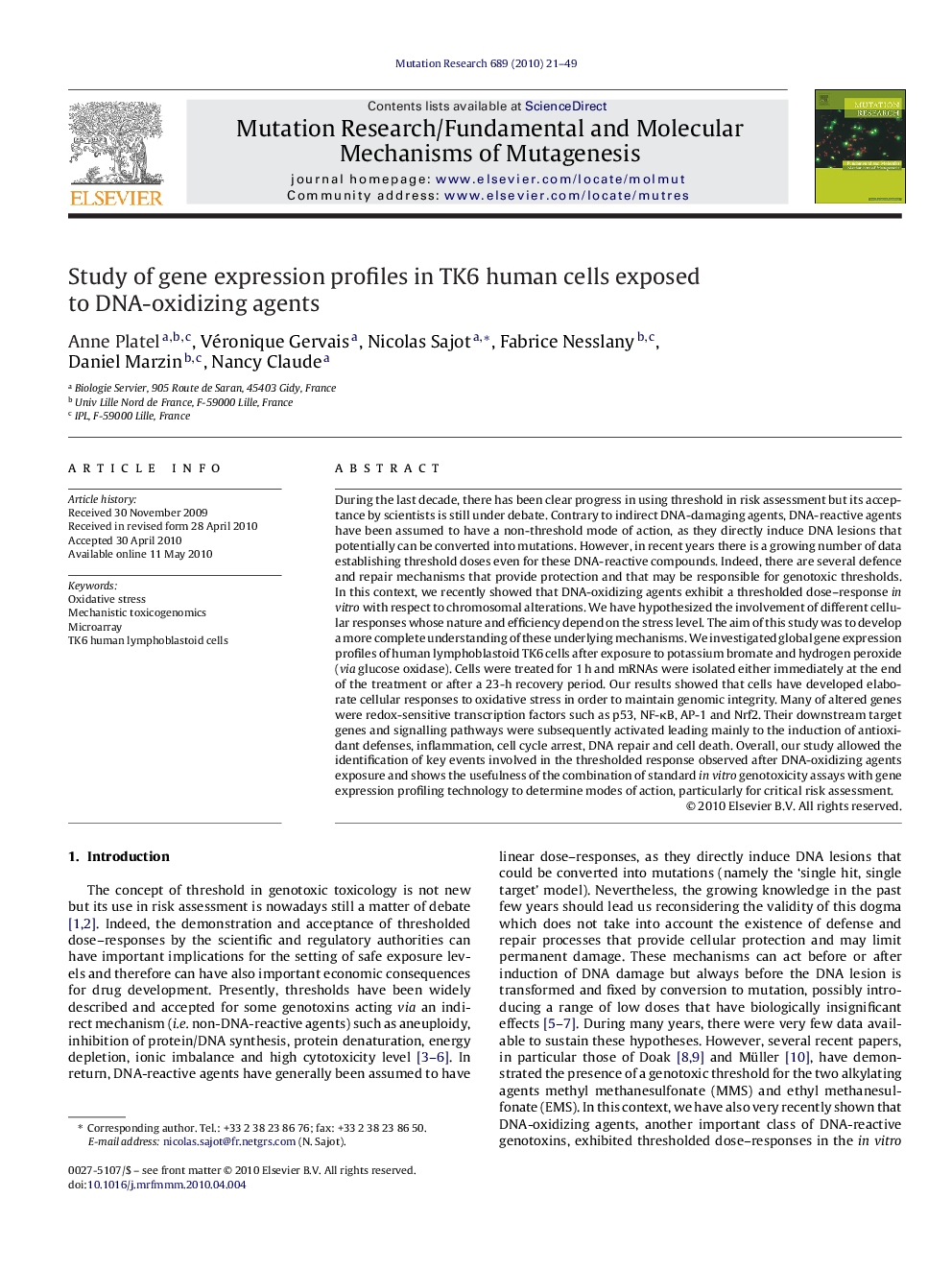 Study of gene expression profiles in TK6 human cells exposed to DNA-oxidizing agents