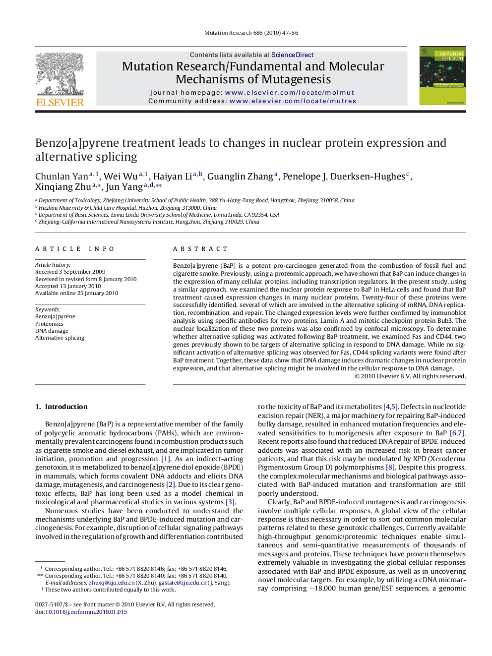 Benzo[a]pyrene treatment leads to changes in nuclear protein expression and alternative splicing