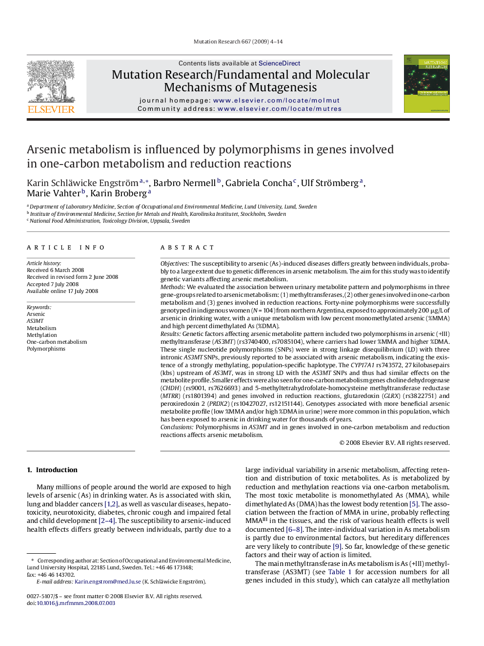 عکس صفحه اول مقاله: Arsenic metabolism is influenced by polymorphisms in genes involved in one-carbon metabolism and reduction reactions Arsenic metabolism is influenced by polymorphisms in genes involved in one-carbon metabolism and reduction reactions