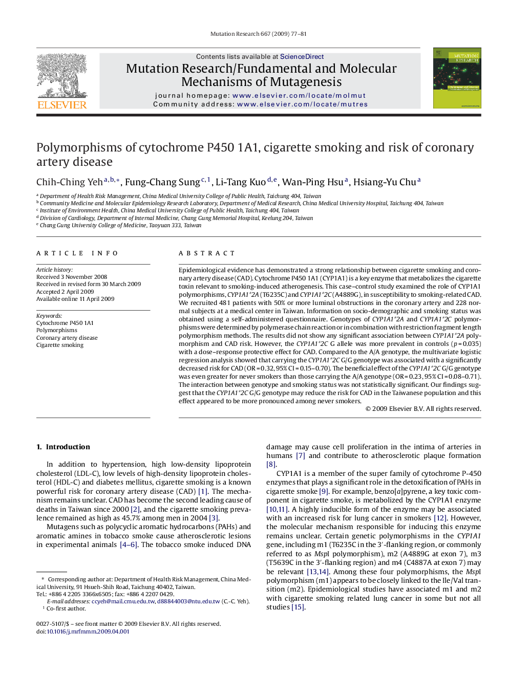 Polymorphisms of cytochrome P450 1A1, cigarette smoking and risk of coronary artery disease