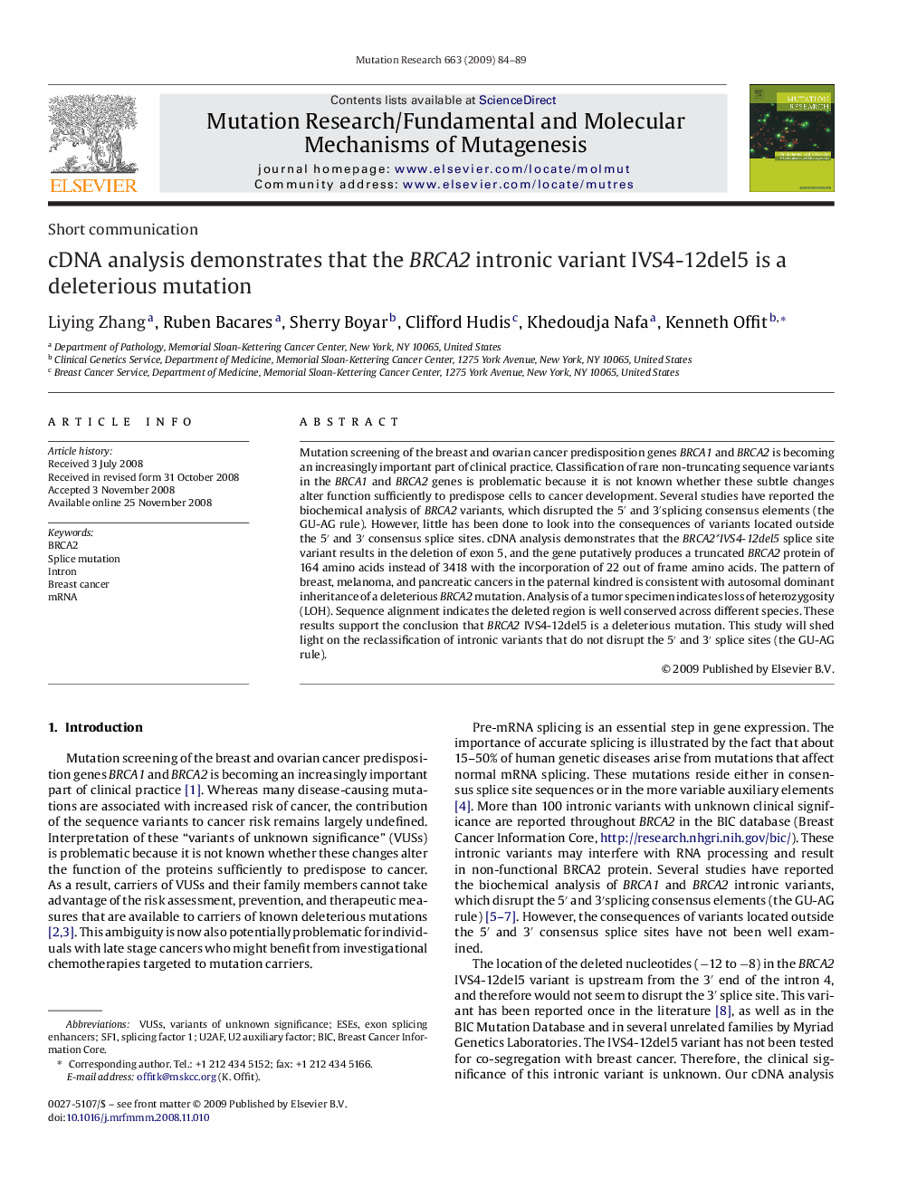 cDNA analysis demonstrates that the BRCA2 intronic variant IVS4-12del5 is a deleterious mutation