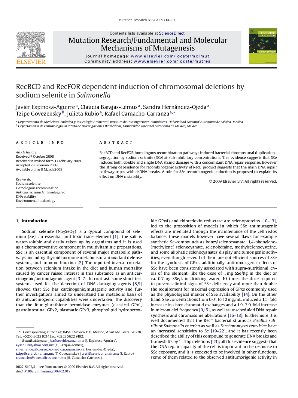 RecBCD and RecFOR dependent induction of chromosomal deletions by sodium selenite in Salmonella