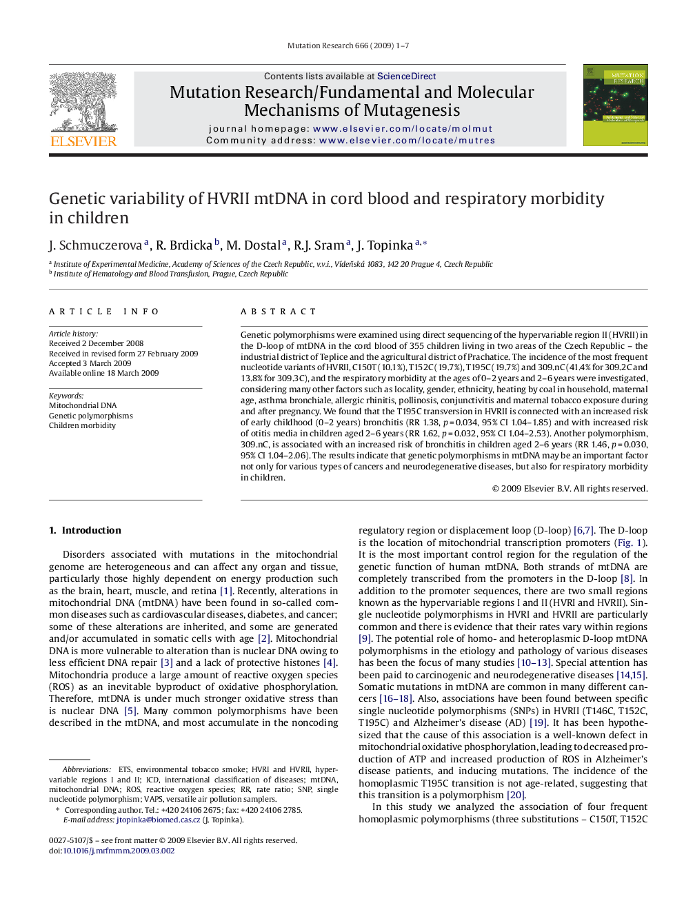 Genetic variability of HVRII mtDNA in cord blood and respiratory morbidity in children