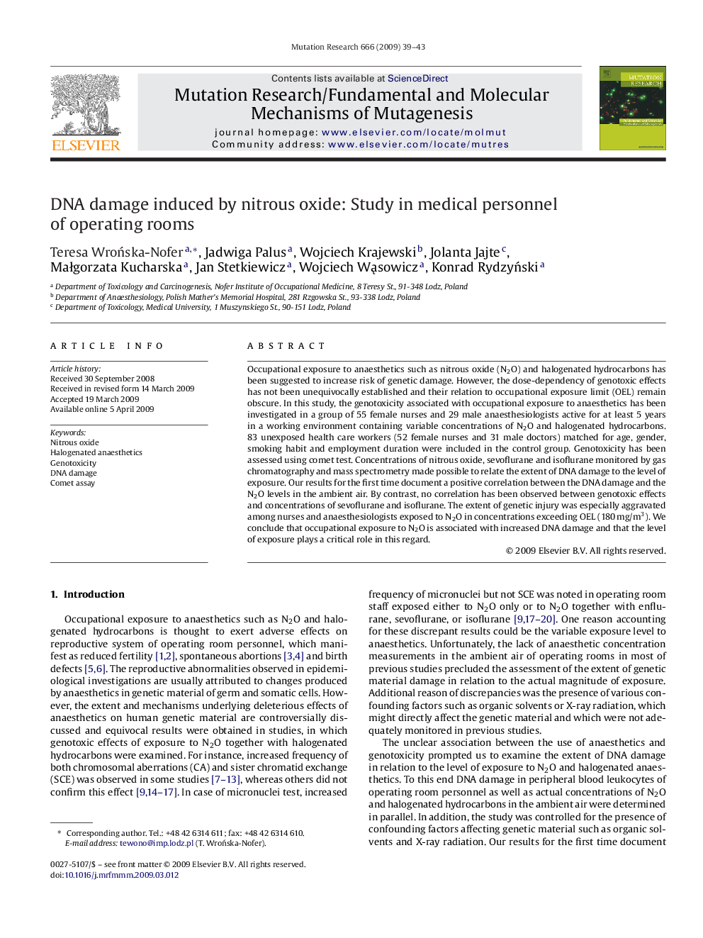 DNA damage induced by nitrous oxide: Study in medical personnel of operating rooms